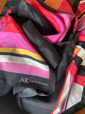 Anne Klein Black Silk Scarf with Pink, Red and Yellow Stripes 11“ x 51“